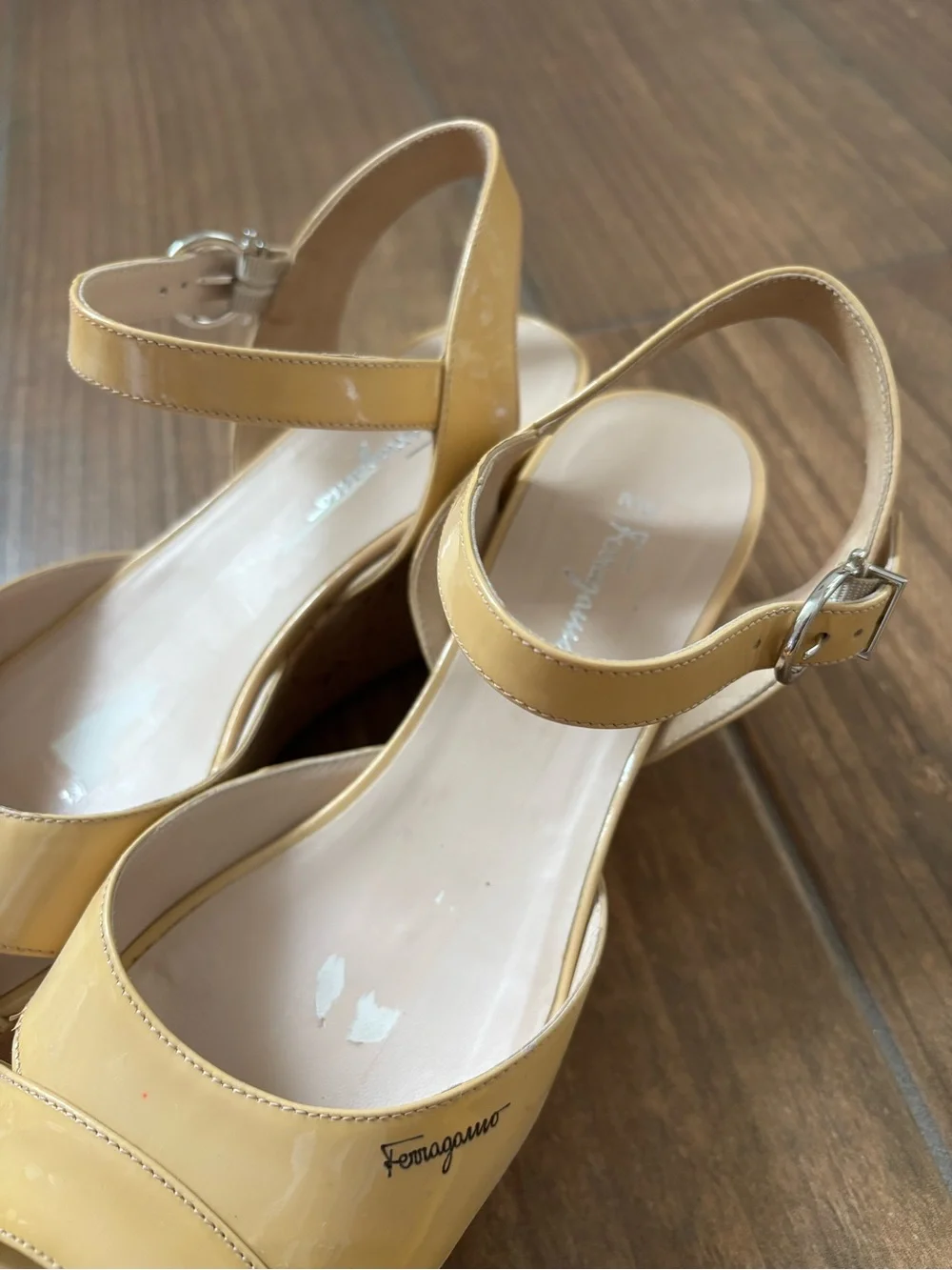 Salvatore Ferragamo Patent Leather My Sunset Cork Wedge Sandals Size 7.5 M